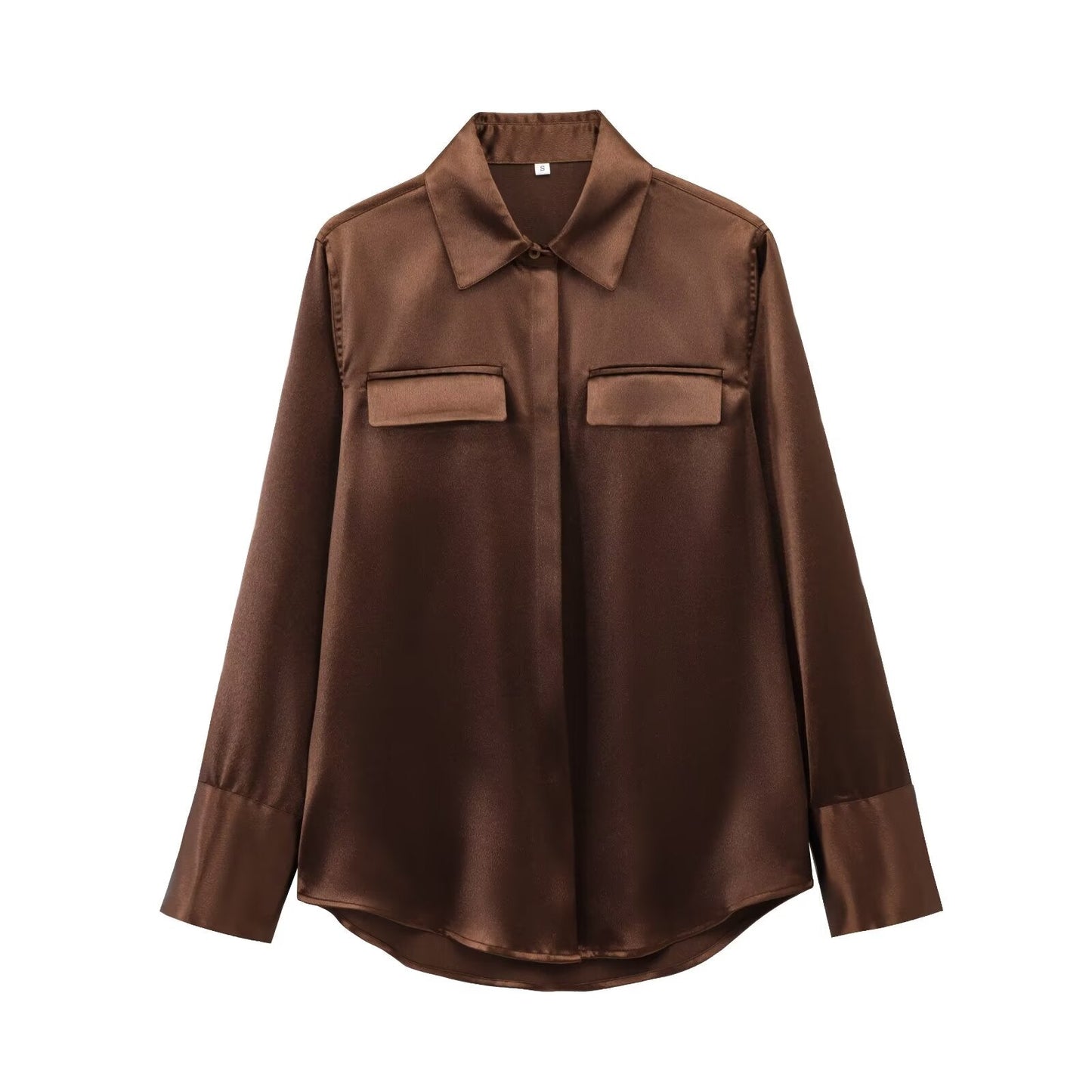 Women's new fashion flip decoration casual satin texture asymmetric shirt retro long sleeved button up women's shirt chic top