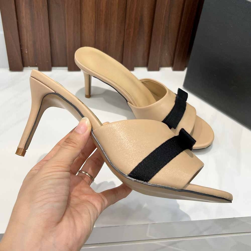 Women's new bow decorative high-heeled slippers have a shoe box
