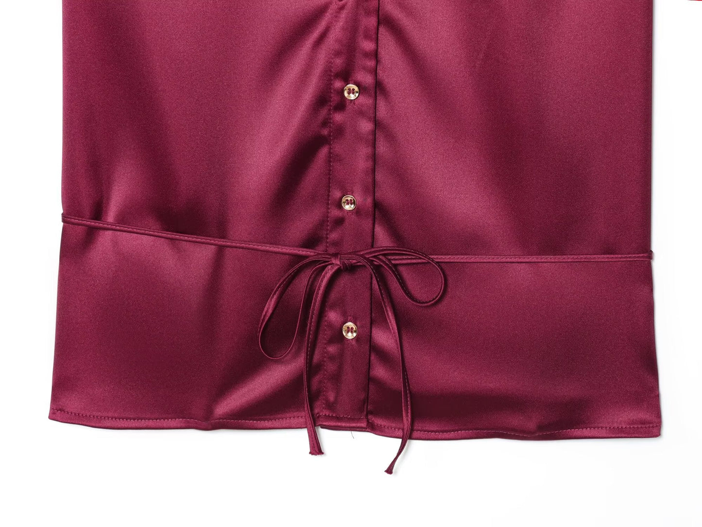 Women's new fashion with Belt short sleeved satin textured shirt+Pants suit