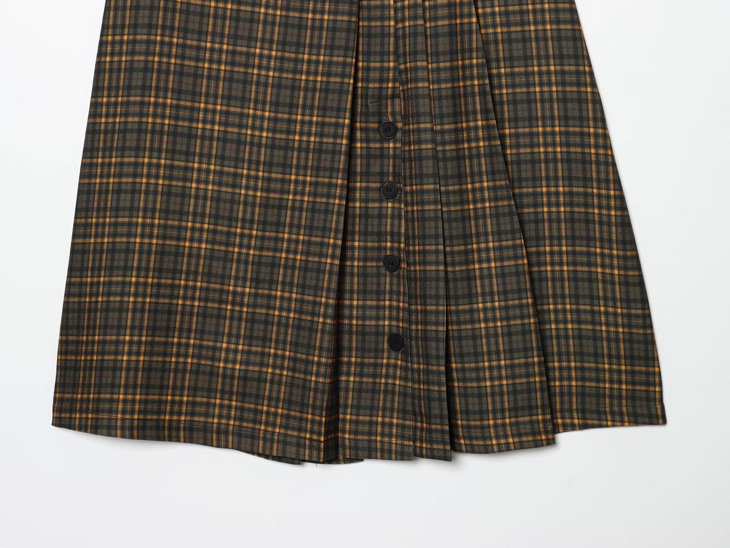 Women's button decoration pleated plaid MIDI skirt