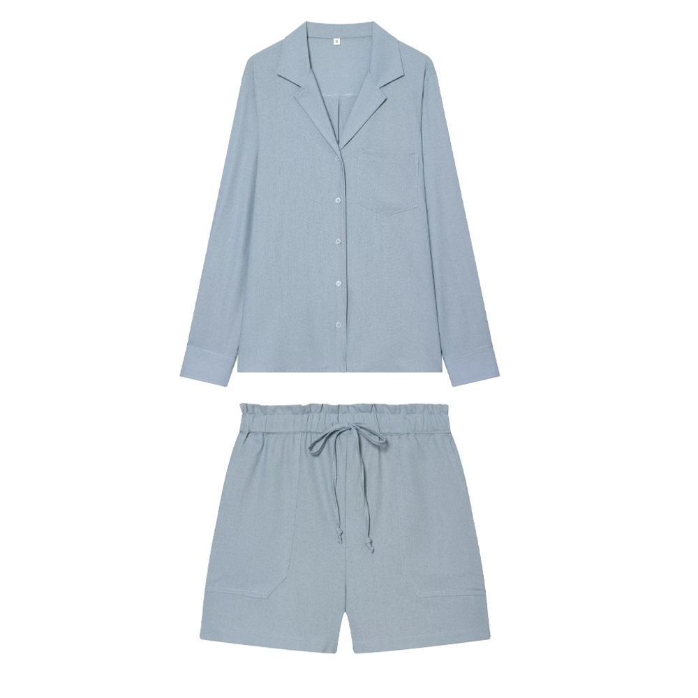 suit Women's 2 pieces pocket decoration linen blend shirt+Pants+ Shorts