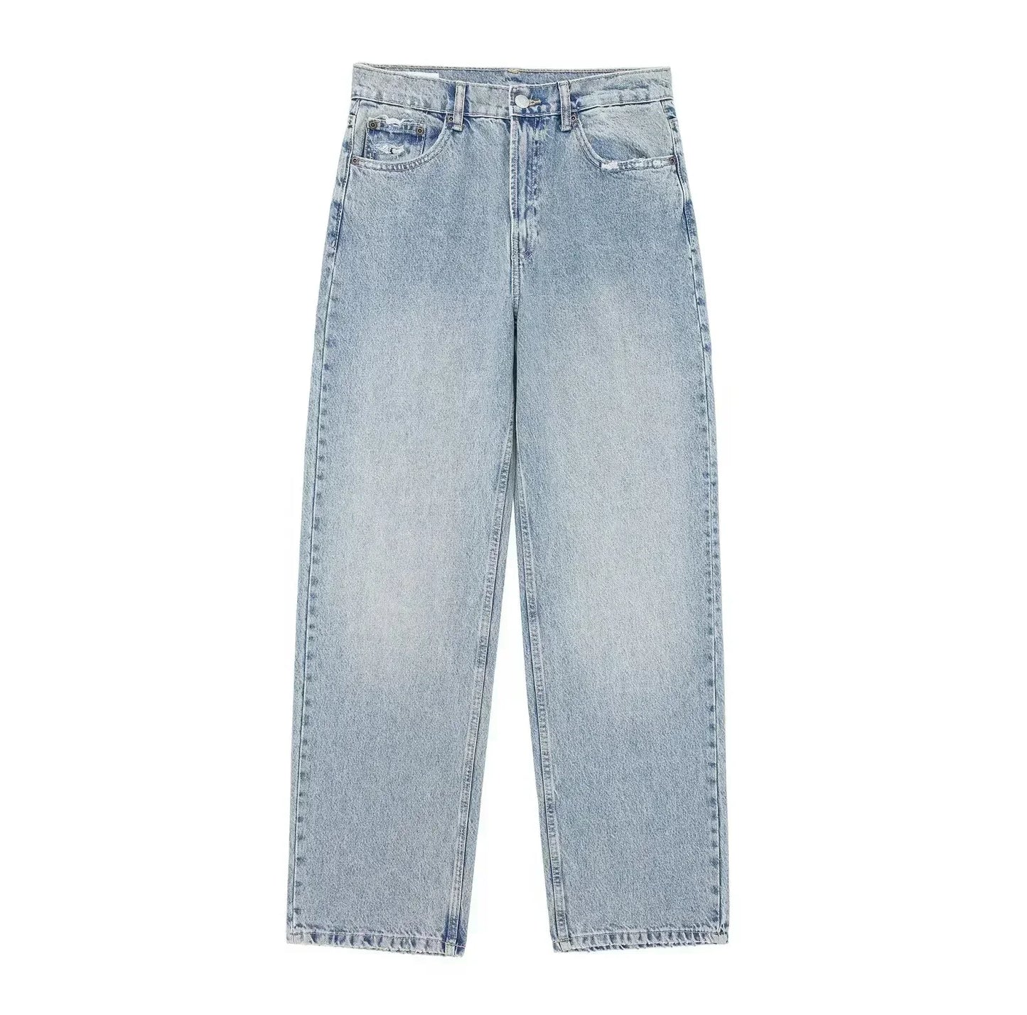 Women's 2024 New Fashion Hole Decoration Loose Side Pocket Casual Jeans Retro High Waist Zipper Women's Denim Pants Mujer