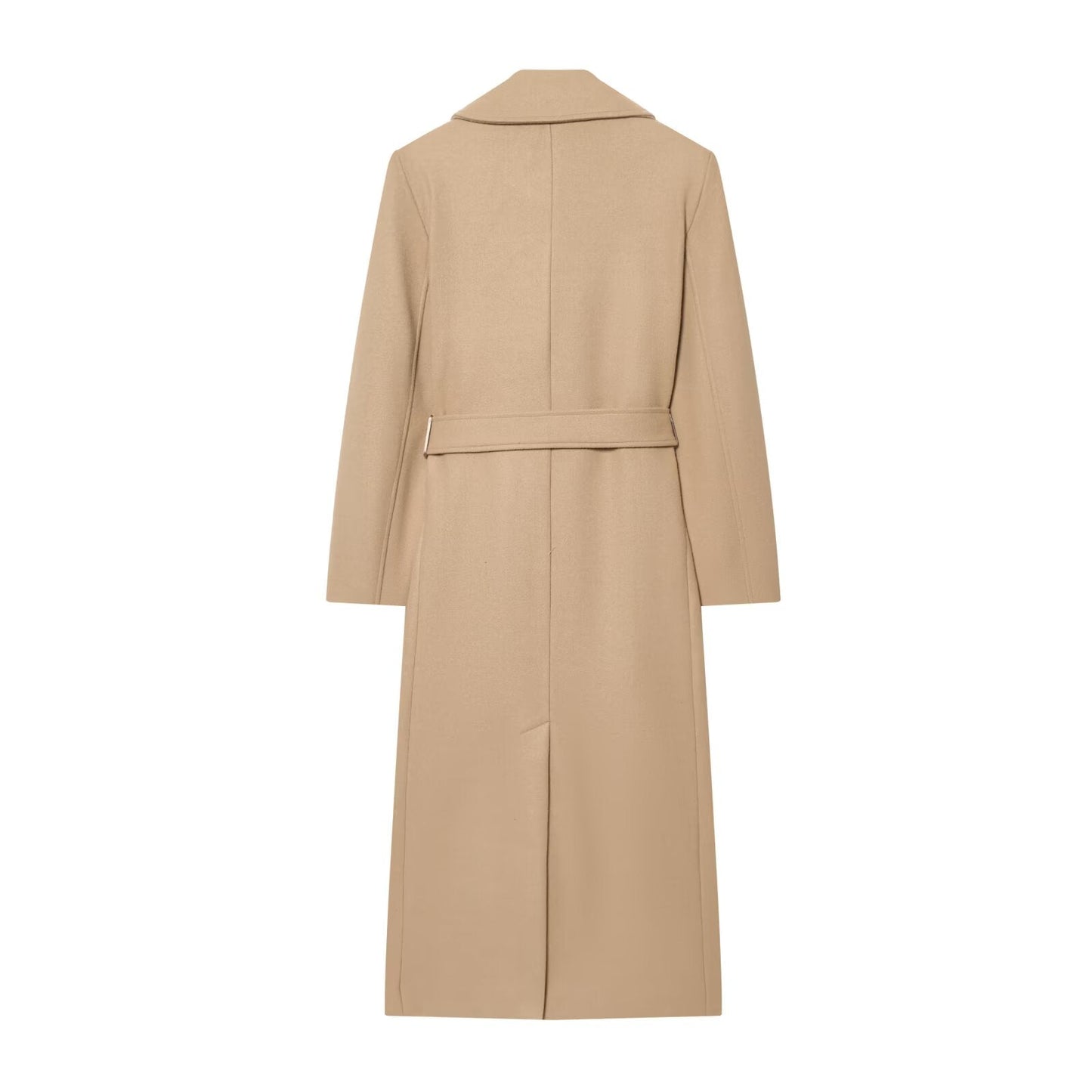 Women's New Fashion With Belt Black Long Style Wool Blended Woolen Coat