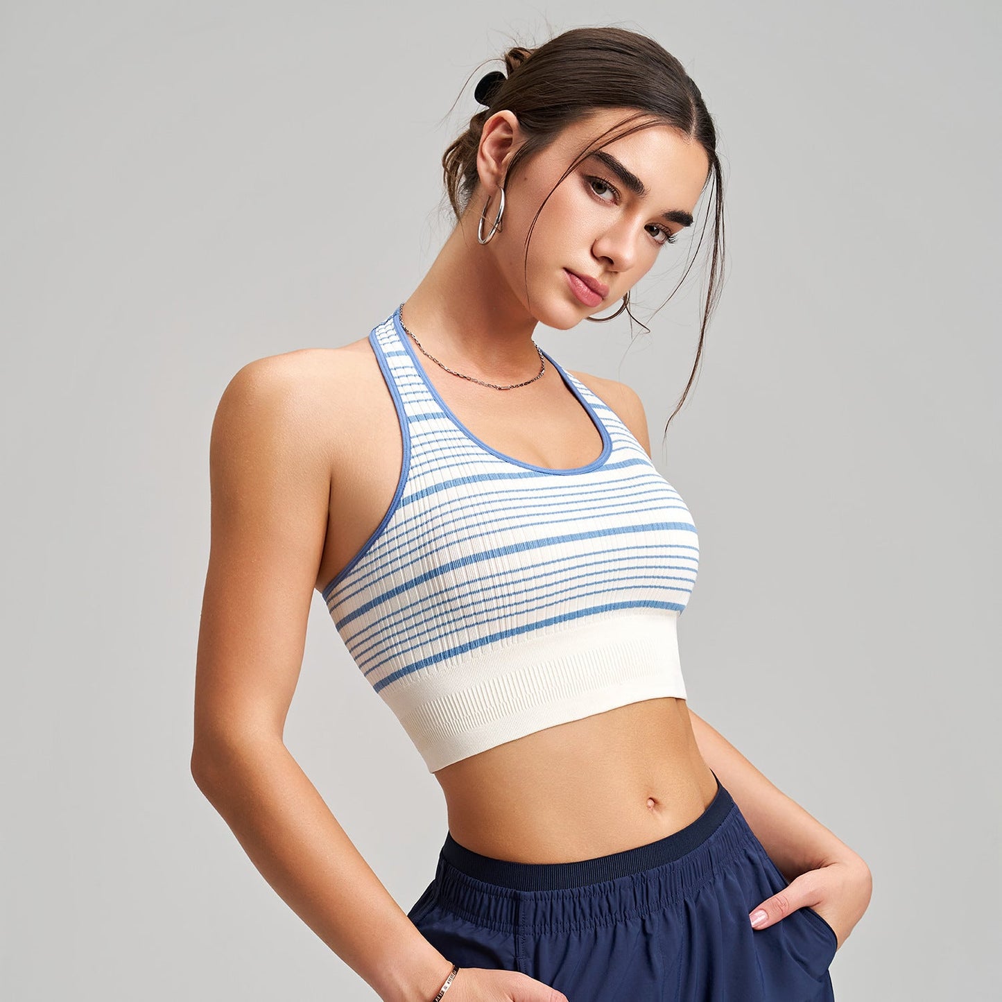 2026 women's new neck sports bra contrast striped vest