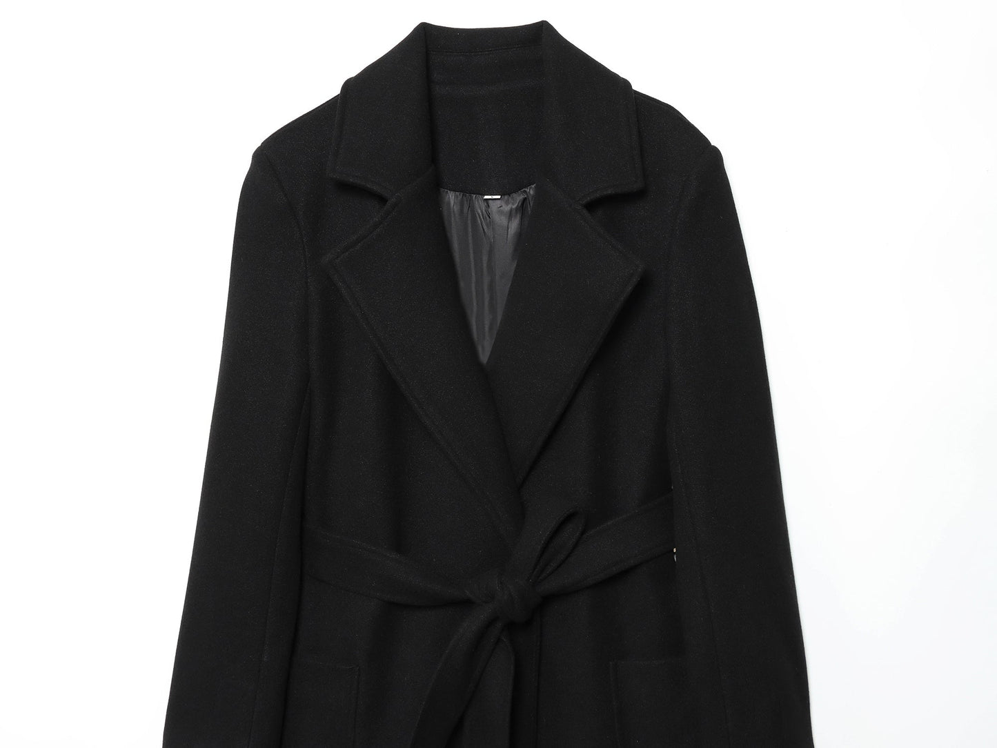 Women's New Fashion With Belt Black Long Style Wool Blended Woolen Coat