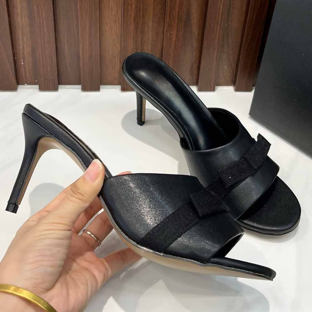 Women's new bow decorative high-heeled slippers have a shoe box