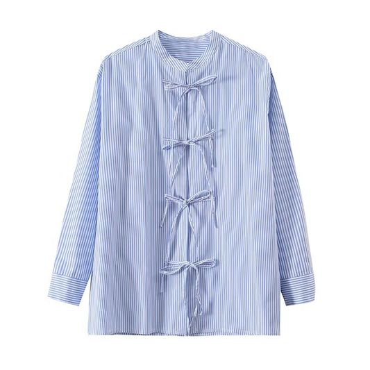 Women's loose cotton striped lace up shirt