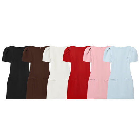 Women's black short sleeved pleated mini dress