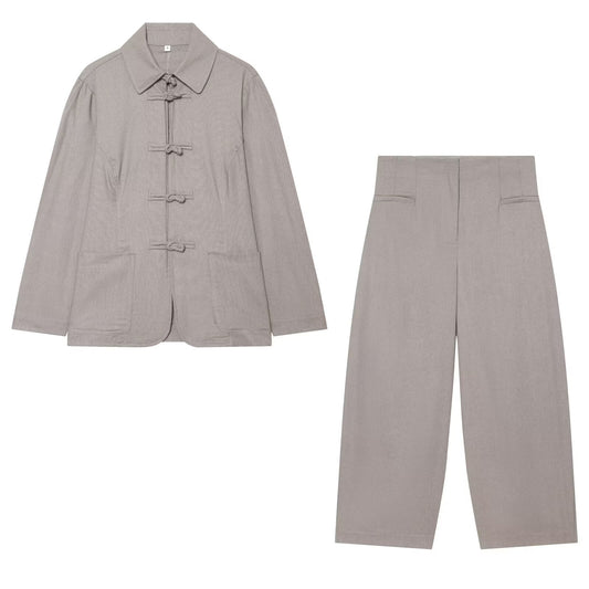 suit Women's 2 pieces rope knot buckle Lapel Coat+balloon shaped pants