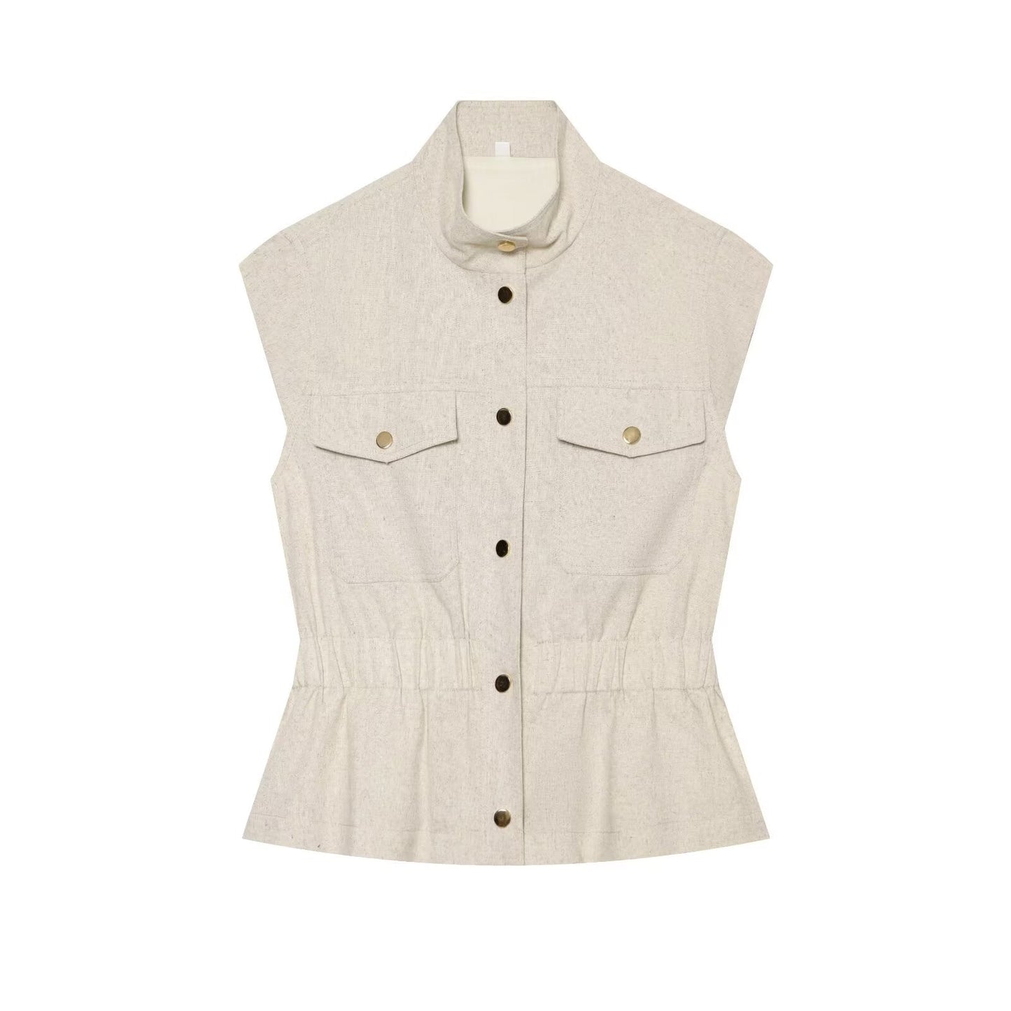 Women's pocket decoration linen blend vest