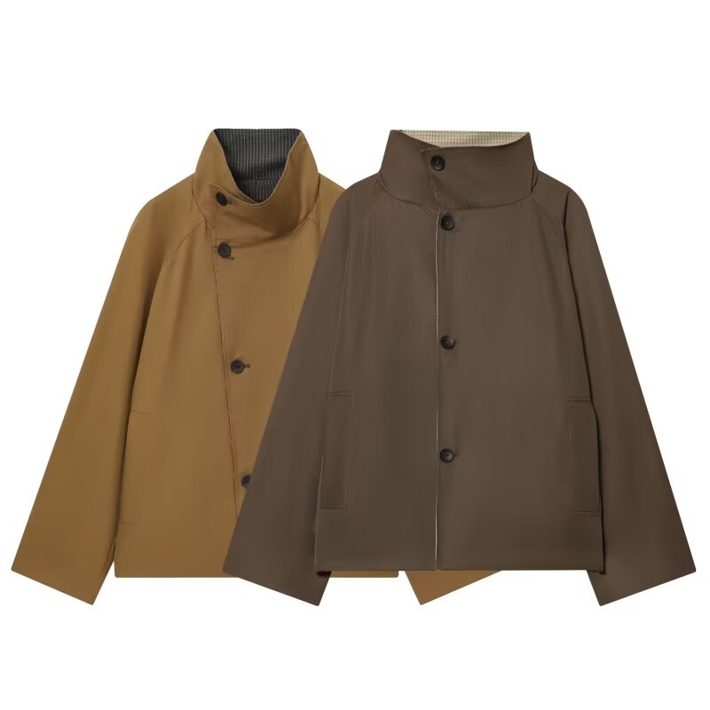Women's new fashion short double-sided wear plaid windbreaker Coat