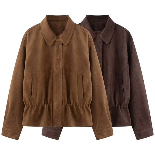 Women's suede textured waist cinched retro jacket