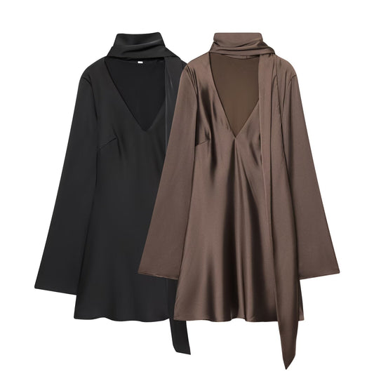 Women's new scarf decoration satin texture mini dress