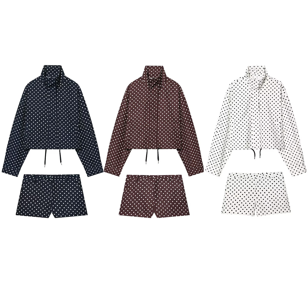 Women's new fashion short stand collar polka dot Bubble gauze Coat + Shorts suit