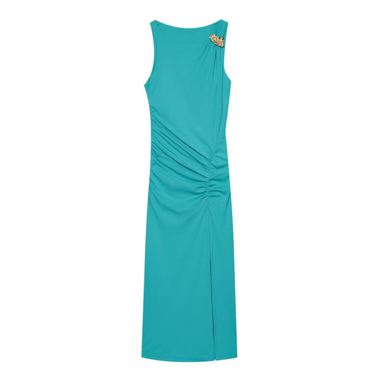 Women's slit design pleated Midi dress