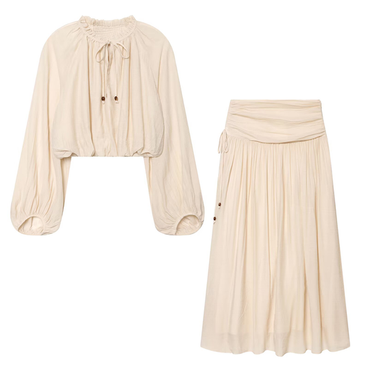 suit Women's 2 pieces bow decoration lantern sleeve top+Skirts