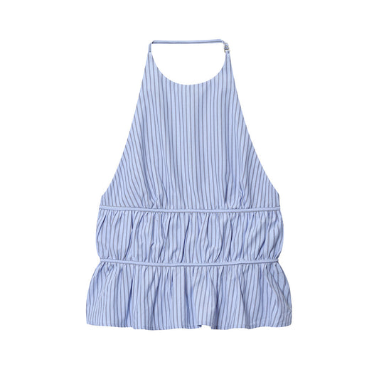 Women's new fashion striped poplin hanging neck collar top