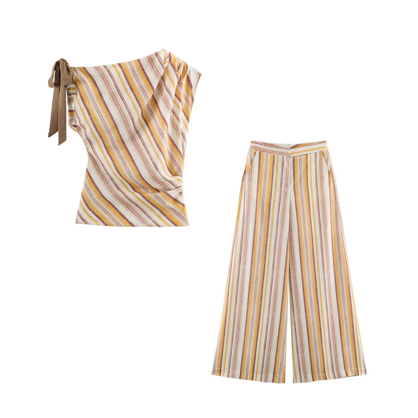 suit Women's 2 pieces bow decoration linen blended striped top+Pants