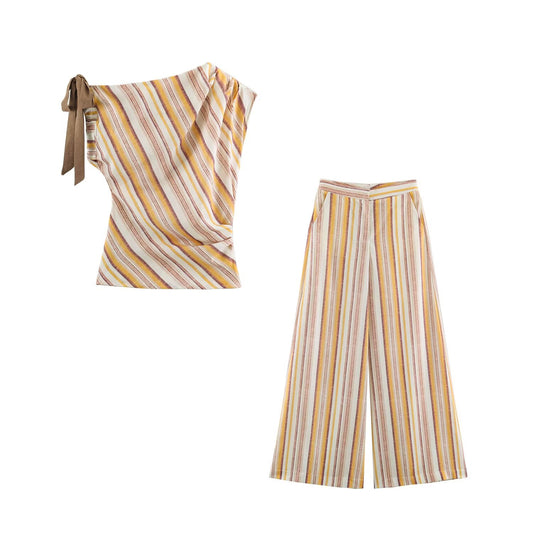 suit Women's 2 pieces bow decoration linen blended striped top+Pants