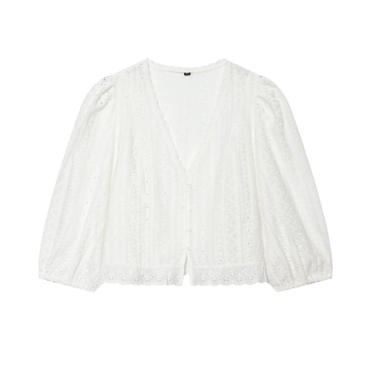 Women's hollowed out embroidered V-neck shirt