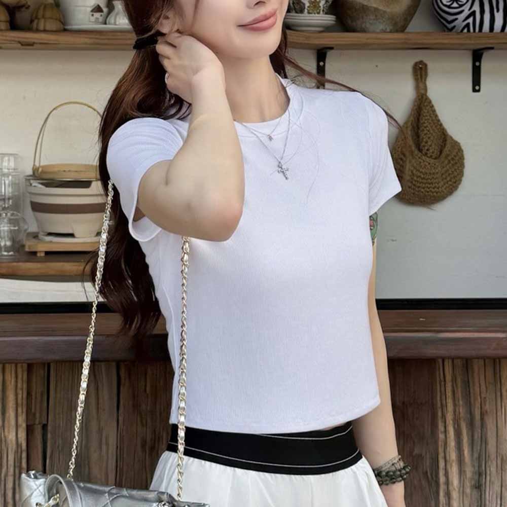 Women's New Threaded Round Neck Yoga Pilates Slim T-shirt