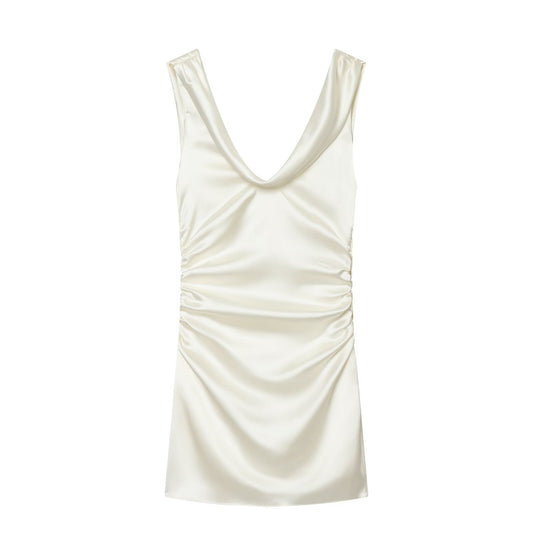 Women's pleated decorative satin texture mini dress
