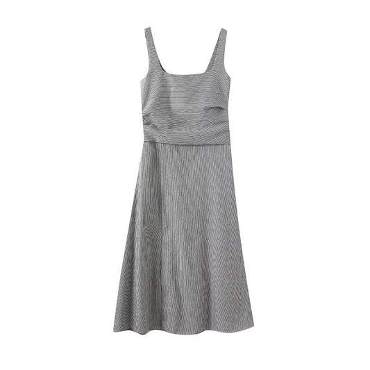 Women's New Fashion Sleeveless pinstripe Square Neck Midi Dress