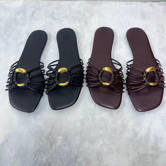 Women's new fashion thin metal round buckle strap sandals.