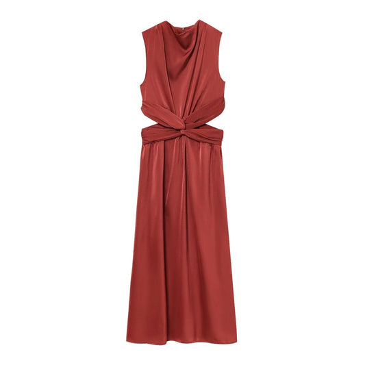 Women's 2025 chic fashion opening design satin midi dress retro sleeveless women's dress