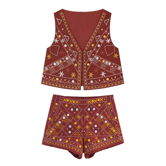 suit Women's 2 pieces mirror effect decorative embroidered vest+shorts