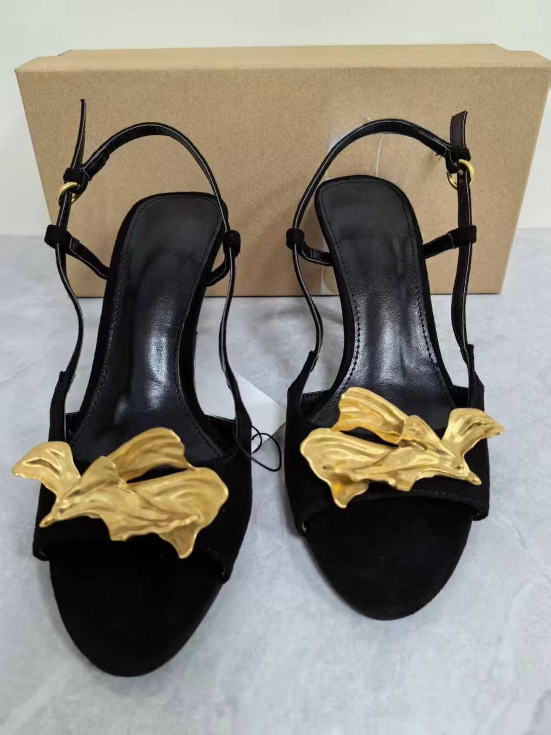 2026 New Women's Shoes: Suede Metallic Embellished Open-Heel Round Toe Stiletto Sandals