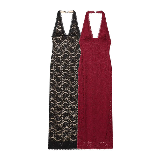 Women's slim hanging neck lace MIDI dress