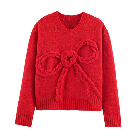 Women's bow decoration O Neck knitted sweater