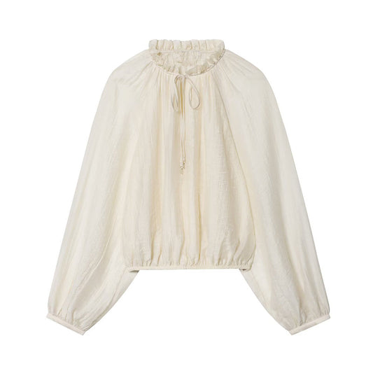 Women's new fashion bubble sleeve short draped pleated shirt
