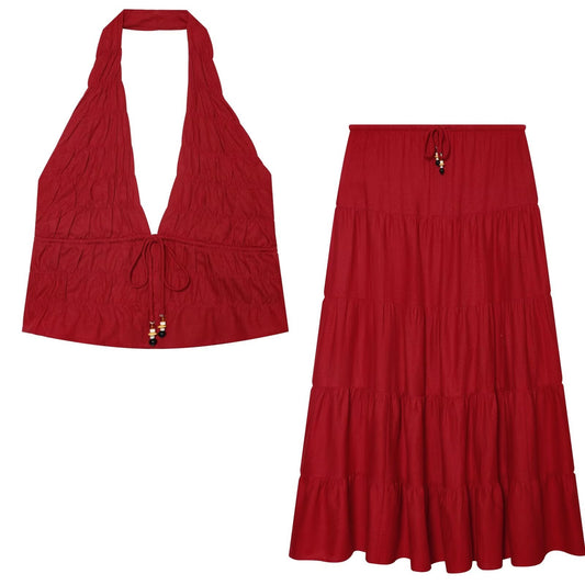 suit Women's 2 pieces linen blend pleated halter neck top+Skirts