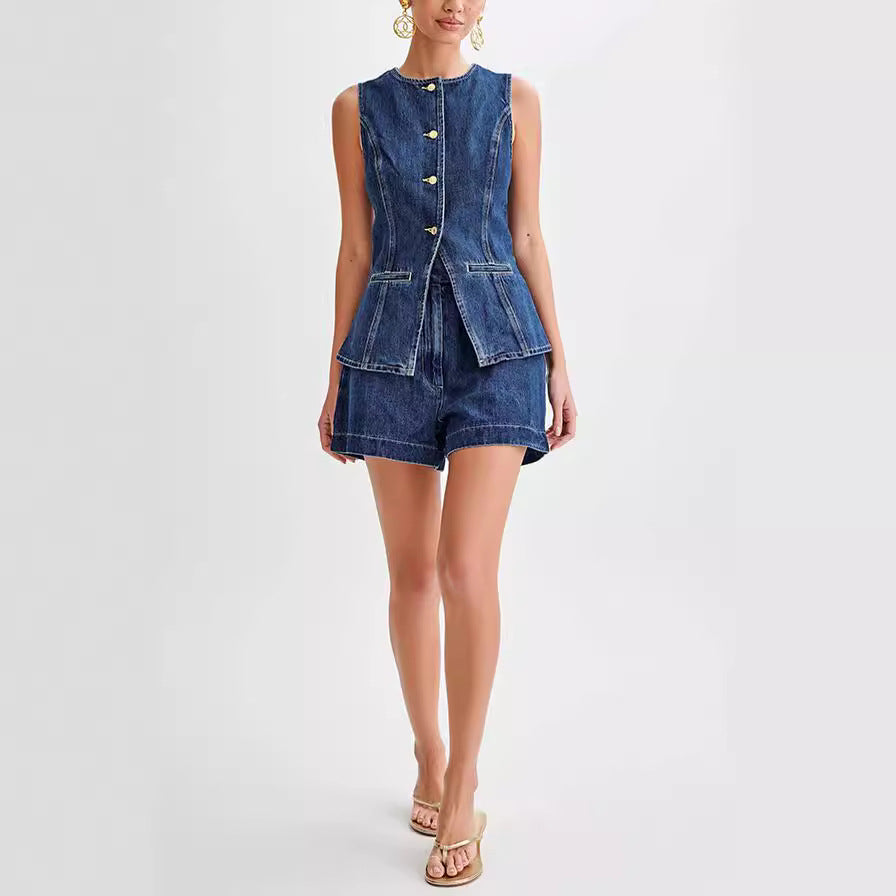 Women's New Fashion Joker Casual Sleeveless Denim Vest+high Waist Denim Shorts Suit