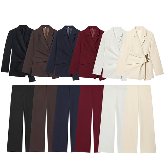 suit Women's 2 pieces Metal buckle decoration Blazer Coat +Pants