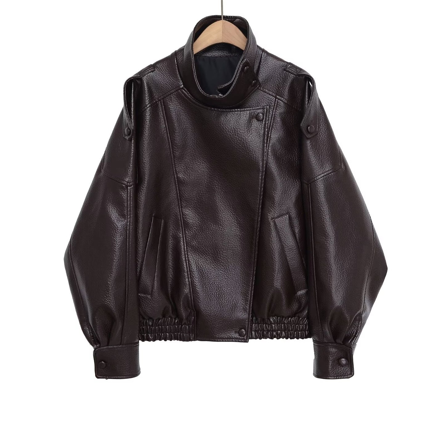 Women's casual stand collar Faux Leather jacket Coat