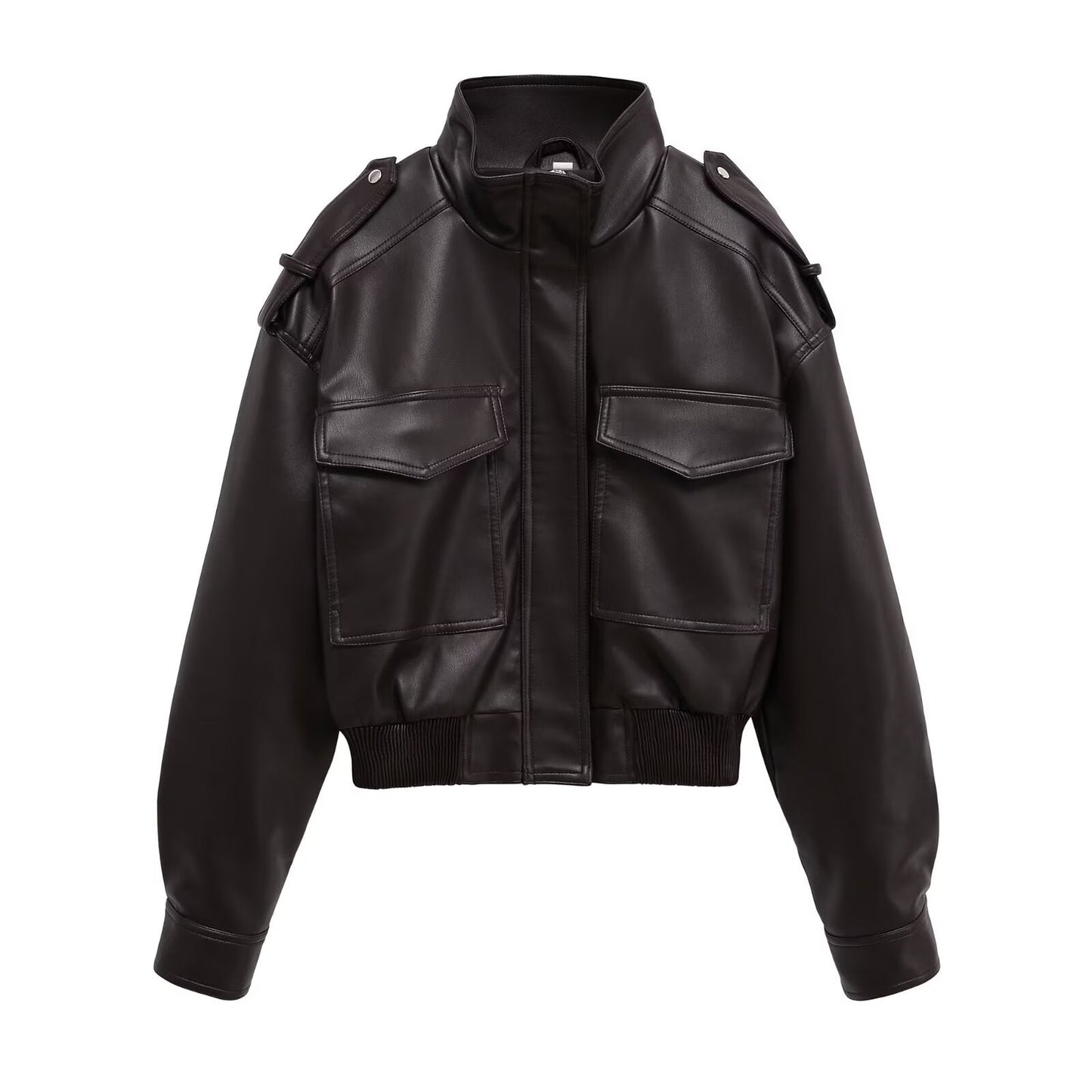 Women's short standing collar Faux Leather jacket Coat