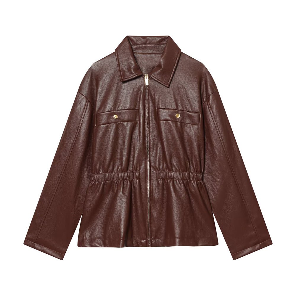 Women's elastic waist imitation leather jacket Coat