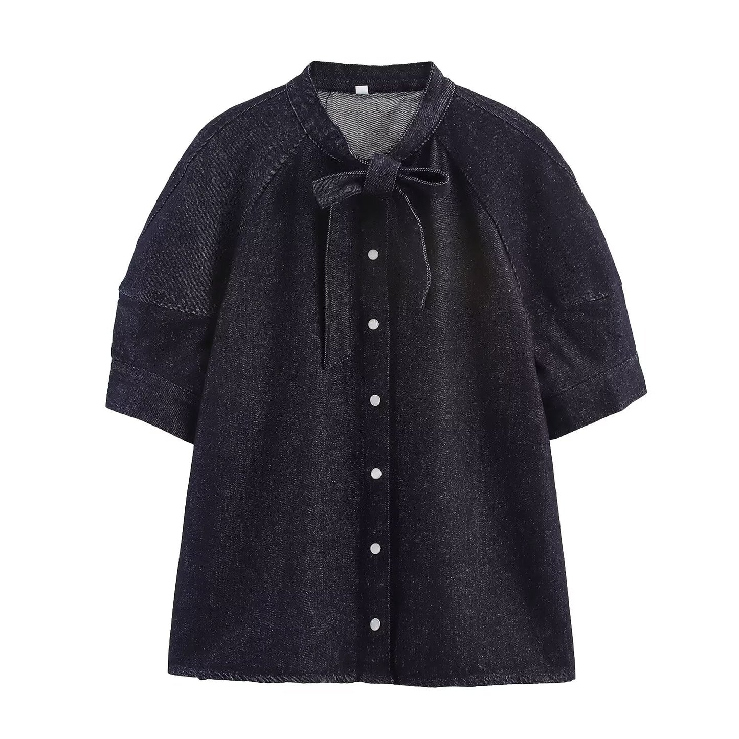 Women's new fashion bow decoration short sleeved denim shirt+Skirts suit