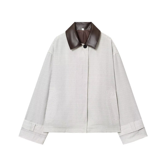 Women's new fashion leather collar design short plaid Windbreaker coat