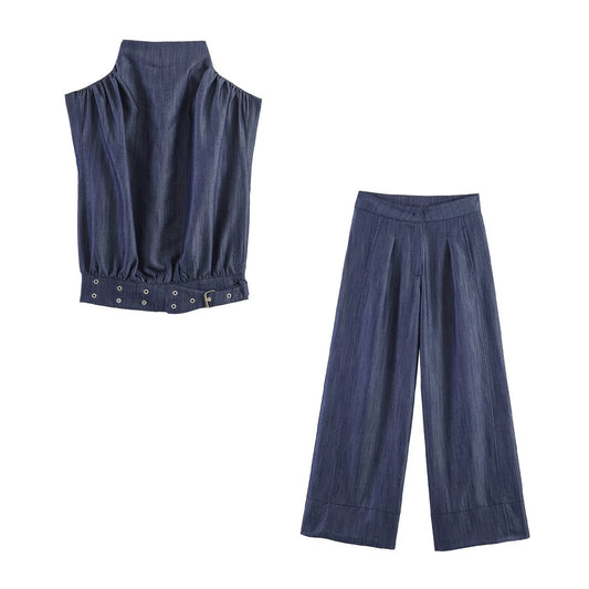 suit Women's 2 pieces rivet buckle decorative sleeveless top+wide leg pants