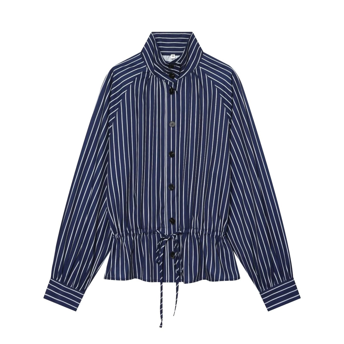Women's with drawstring striped stand collar shirt