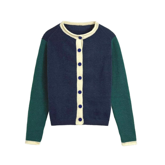 Women's new fashion O Neck long sleeved contrasting knitted Coat