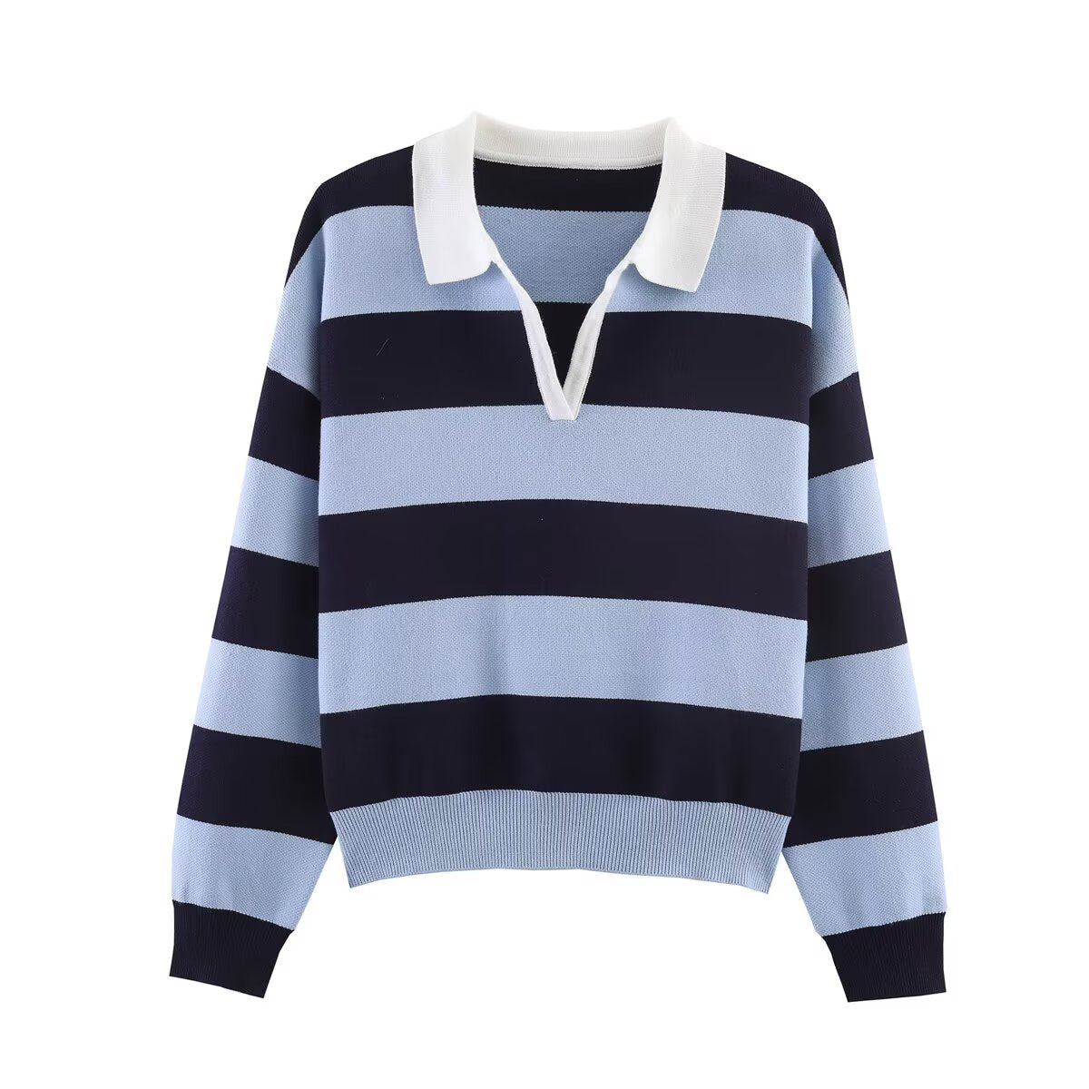 Women's striped polo shirt collar knit sweater