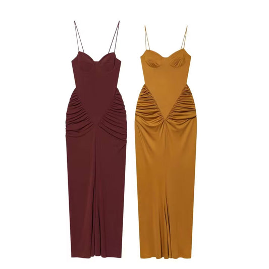 Women's heart-shaped collar slim pleated dress