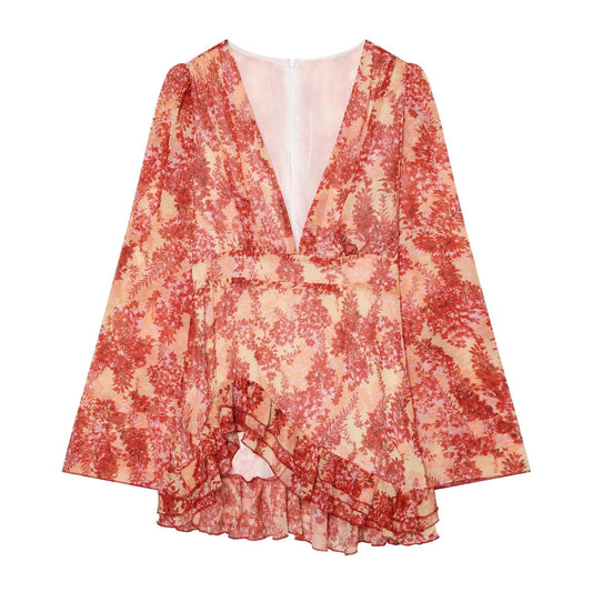 Women's V-neck printed ruffle mini dress