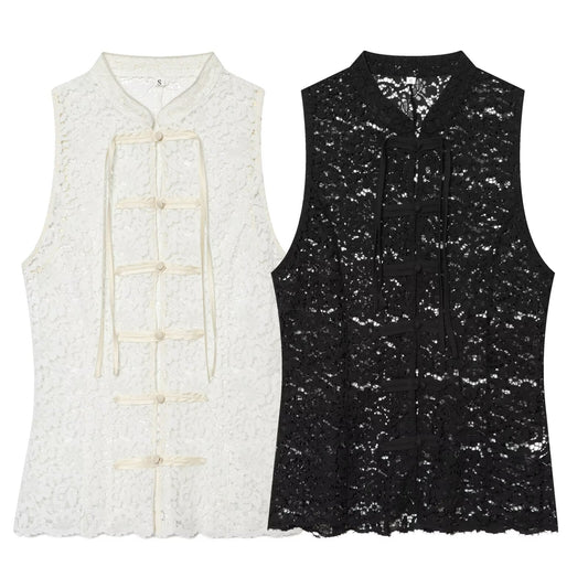 Women's rope knot decorative embossed lace top