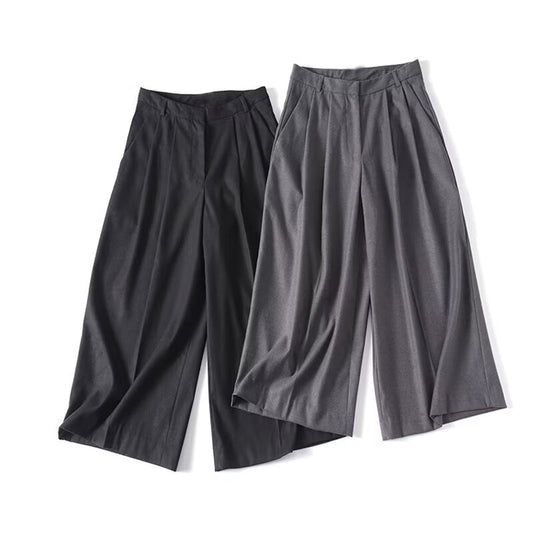 Women's loose pleated flannel wide leg cropped pants